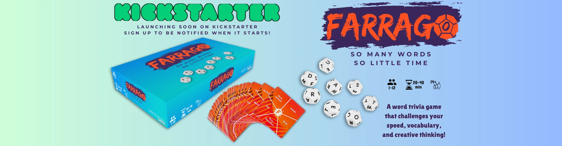 Farrago "So Many Words, So Little Time." A word game of trivia and quick thinking, Launching Soon on Kickstarter